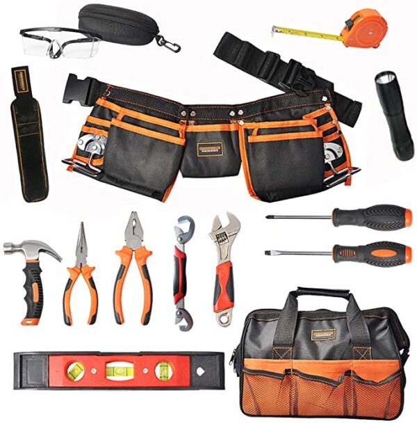 15 Pieces Kids Real Tool kit Children Real Tool Set with Real Hand Tools, Kids Tool Belt, Pouch Bag ,Magnetic Wristband for Small Hands DIY Woodworking Projects Home Repair